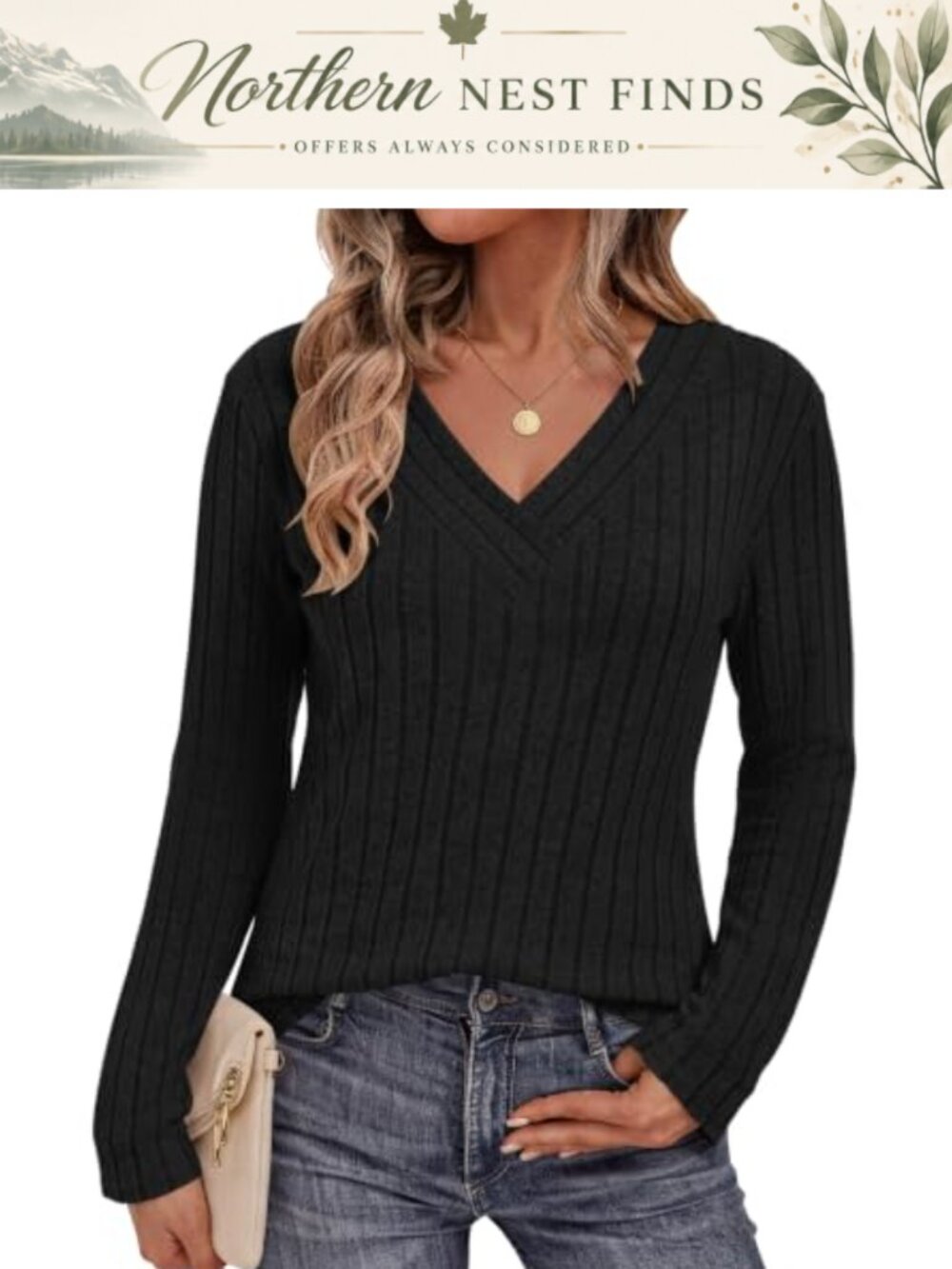 Women's Long Sleeve V-Neck Ribbed Knit Sweater Top Lightweight Casual Work
